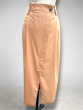 MARELLA Max Mara Tan Asymmetrical Button Wrap Midi Skirt Khaki Camel 10